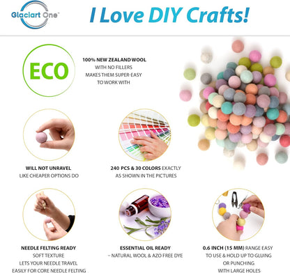 Glaciart One Felt Pom Poms, Wool Felt Balls with Swirls & Dots (90 Pieces) 2 cm – 0.8 Inch, Handmade Felted 30 Color Pastel Bulk Small Puff for Felting and Garland