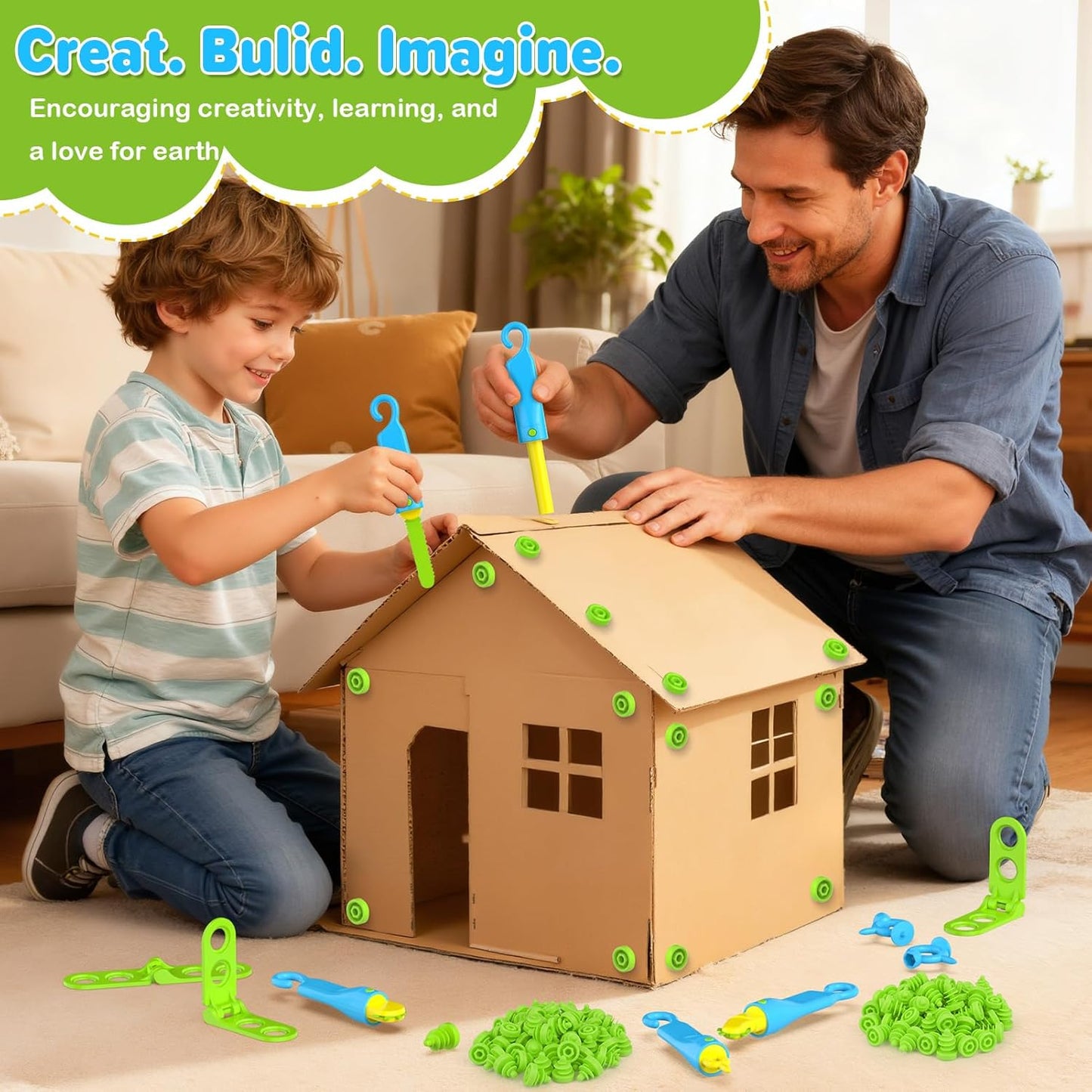 HIKISS 168 Piece Cardboard Tools for Kids with Cutter, Cardboard Construction Kit for Family & Team Activities, Creative STEM Educational Toys Gift for Boys and Girls Aged 5+