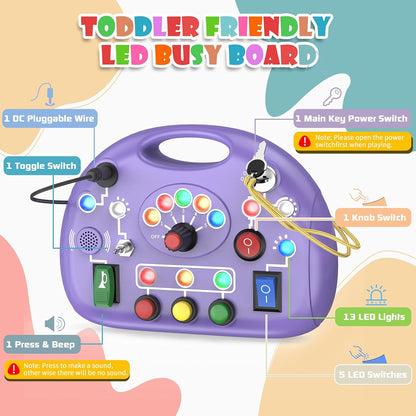 Montessori Busy Board with LED Light for Toddlers 2-4 Year Old, Sensory Toys with Sounds & Switches, Car Driving Travel Toys for Kids, Preschool Busy Book Boy and Girls Birthday Gifts (Pink)