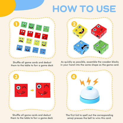 Montessori Puzzle Game for Kids - Wooden Face Changing Magic Cube Game, Educational Face Changing Cubes, 3+ Years (64 Cards, 16 Blocks, 1Bell)