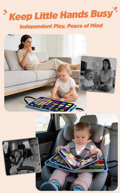 GONINO Toddler Busy Board Montessori Toys for 1-3 Year Old, Dinosaur Space Busy Book with 23 Activities for Learning Fine Motor Skills, Sensory Travel Toys for Airplane Car, Gifts for Boys Girls, Blue
