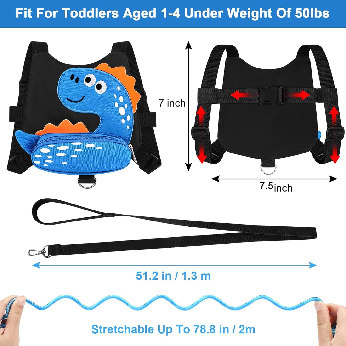 3 in 1 Toddler Harness Leash + Baby Anti Lost Wrist Link, Accmor Cute Dinosaur Child Safety Harness Tether, Kids Walking Wristband Assistant Strap Belt for Parent Boys Outdoor Activity (Black)