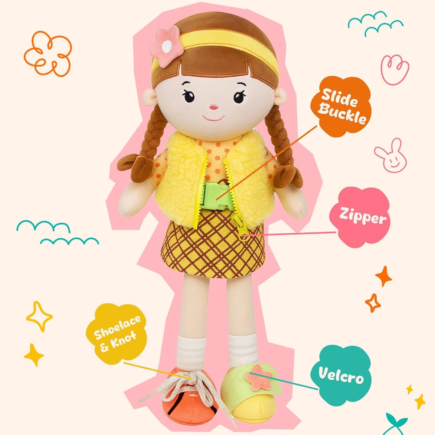 Soft Baby Doll Toys,16 inch Educational Plush Doll for Girls Learning Sensory Montessori Toy Birthday Gifts Cuddly Plush Toys for Toddler Kids (Yellow)