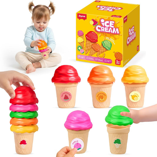 JoyCat Ice Cream Toy Set for Toddlers 1-5, Color Sorting & Stacking Toys, Pretend Play Food for Boy Girls Kids, Educational Fine Motor Skills Gift (7 Cones 7 Scoops 1 Bucket)