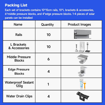 Solar Panel Mounting Brackets Kit 10Pcs Solar Roof Mount Kit for 1-4 Pieces Thickness 1.57-1.6” Solar Panels(100-400W), Aluminum Alloy Mount for Flat Pitched Roof Rack Mounting Brackets