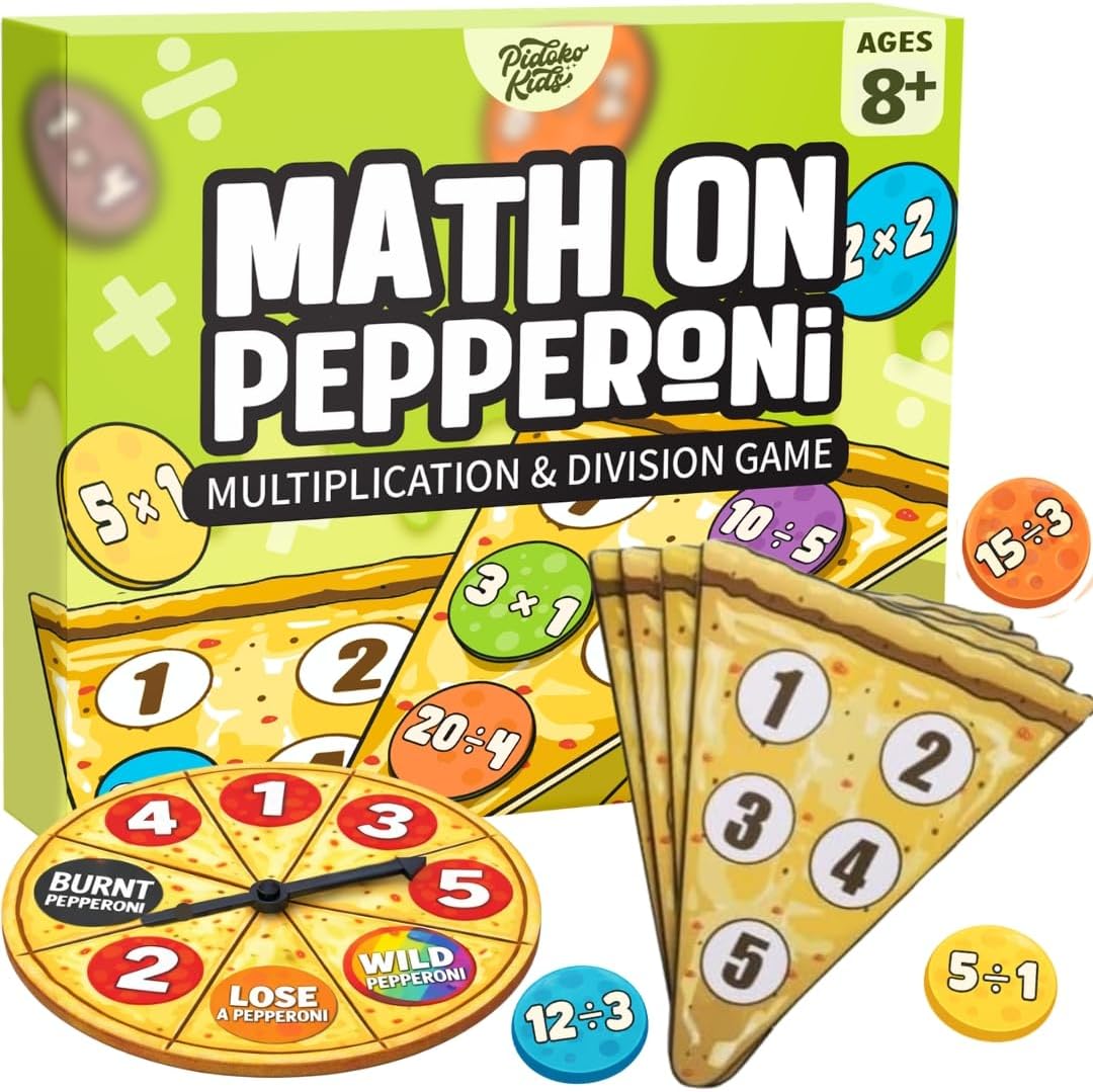 Pidoko Kids Matheroni Pepperoni Math Games for Kids 8-12, Division & Multiplication Game, Educational STEM Board Games with Fun Pizza Theme, 3rd-6th Grade Learning Toys