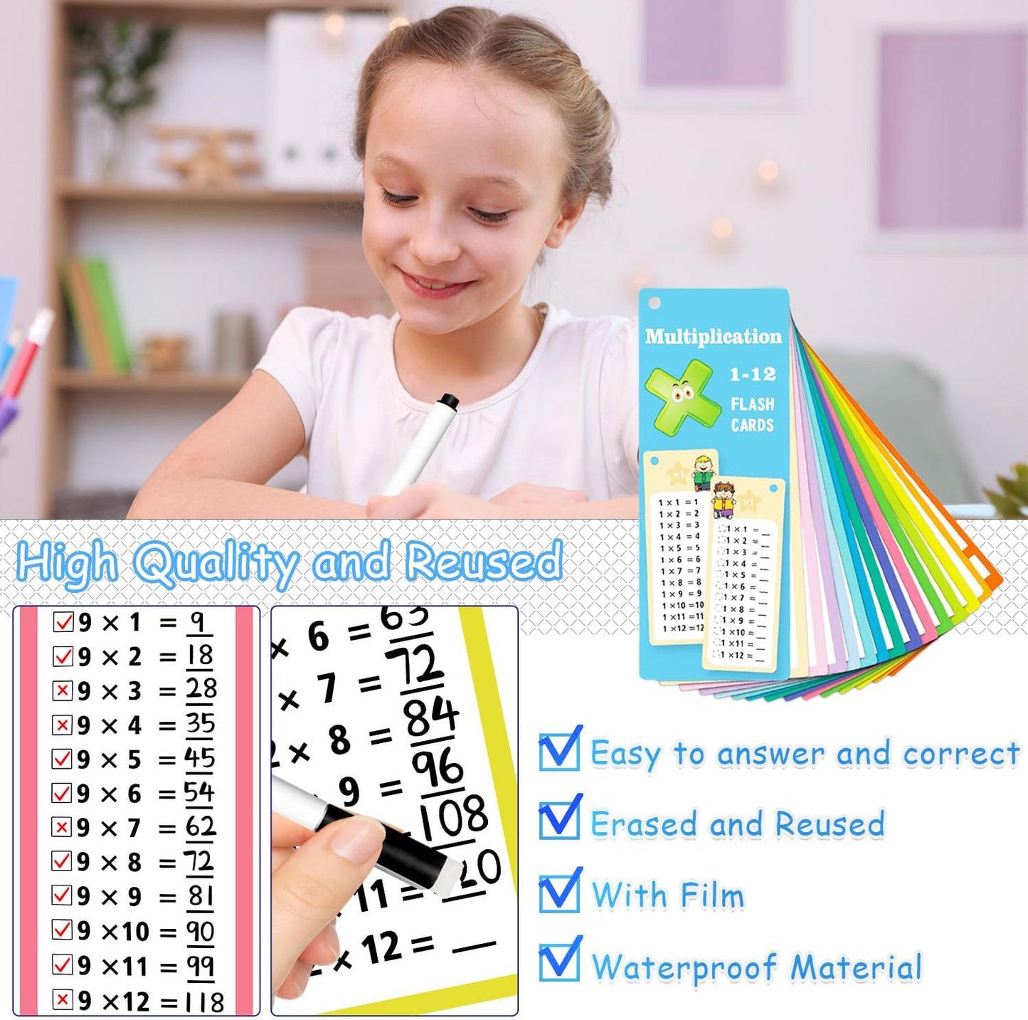 1-12 Multiplication Flash Cards, Large Math Times Table Flashcards Chart, with 15 Cards, 2 Dry Erase Markers, 1 Rings, Educational Multiplication Game for Kids, 1st, 2nd, 3rd Grades Classroom Home