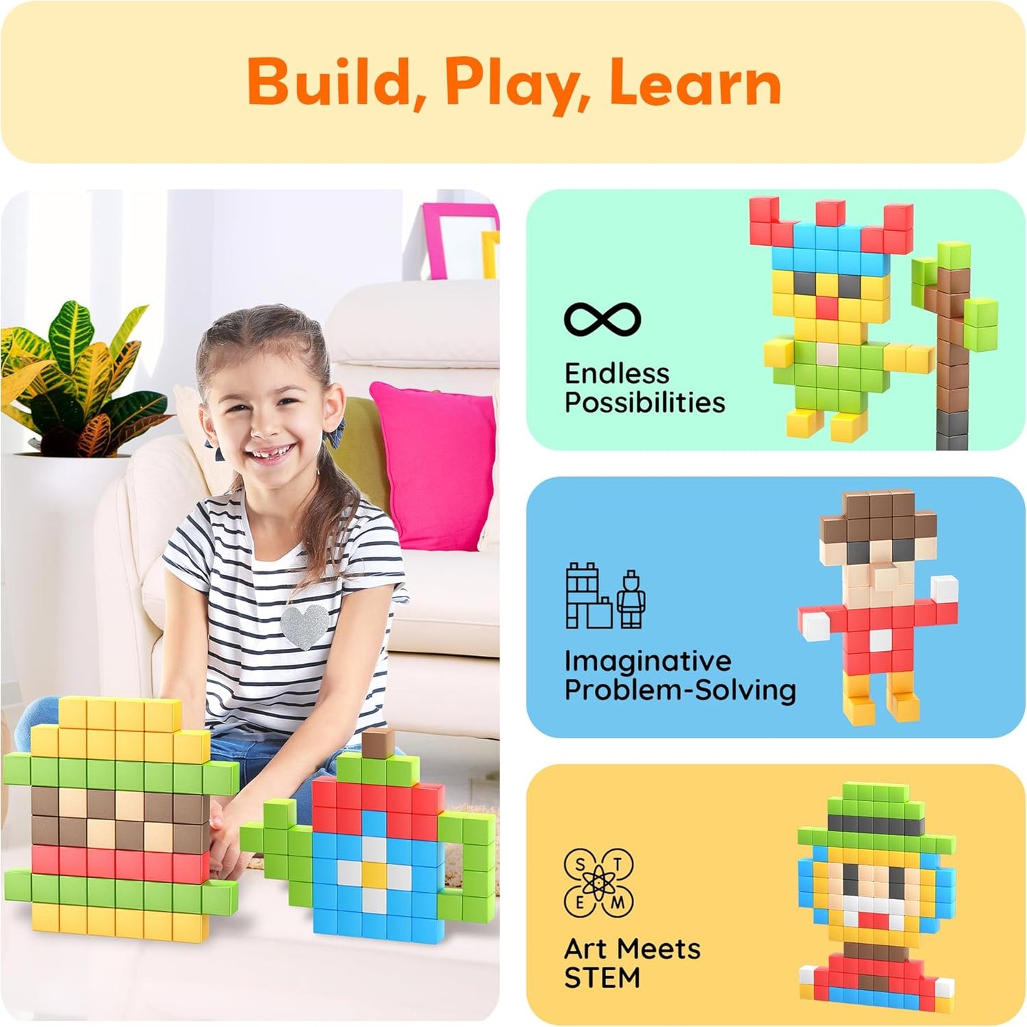 PicassoTiles 60pc Magnetic Puzzle Cube Building Set 1 Inch 3D Blocks STEM Construction Toy for Toddlers Kids Boys Girls Age 3+ Montessori Learning Travel Sensory Gift with Educational Idea Book PMC60