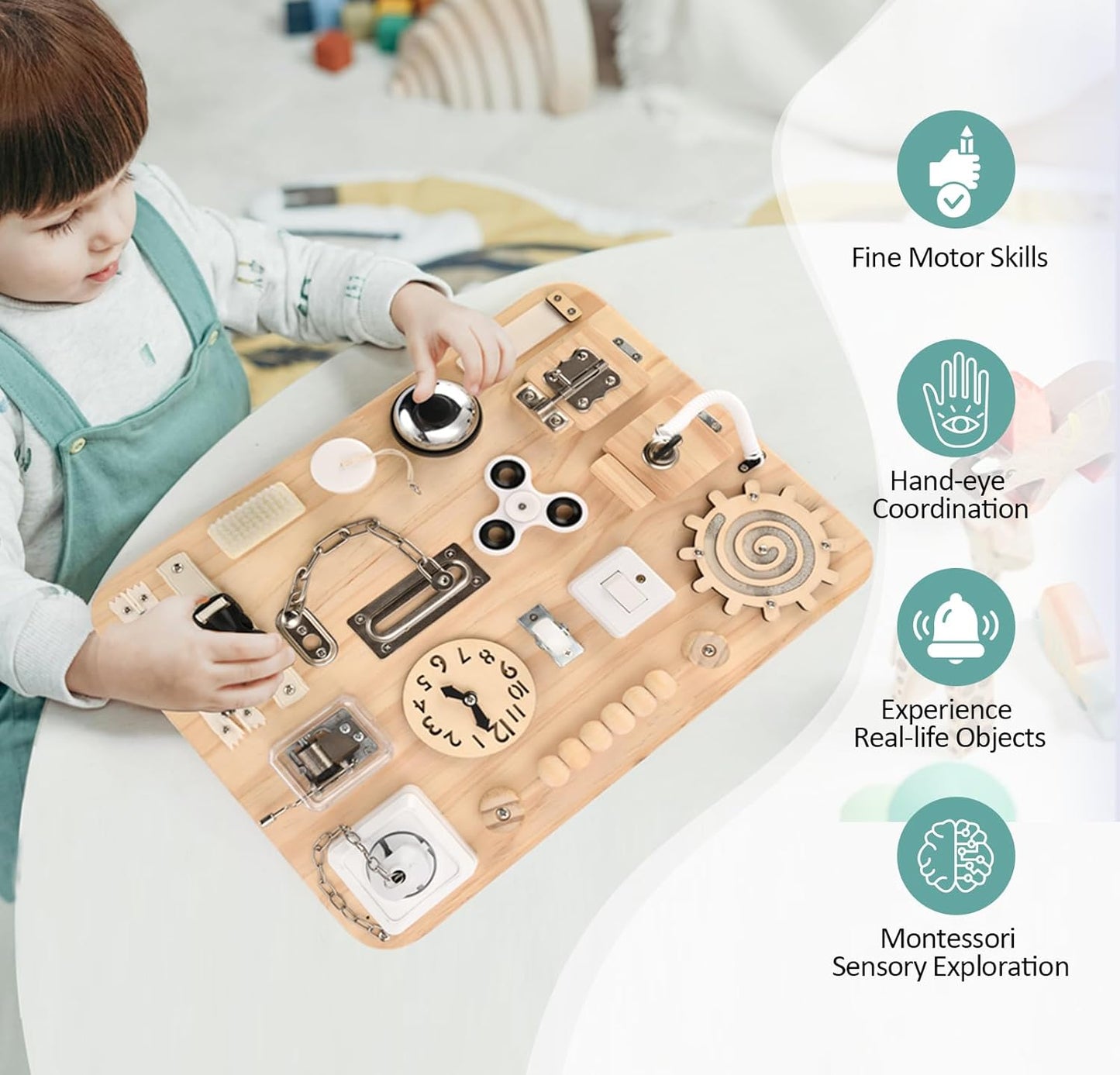 Potatomato Montessori Large Busy Board for 1 2 3 4 Year Old- Wooden Sensory Toys -Fidget Activity Board for Toddlers Boys and Girls- Motor Skills Gifts for ADHD & Autistic Children Kids