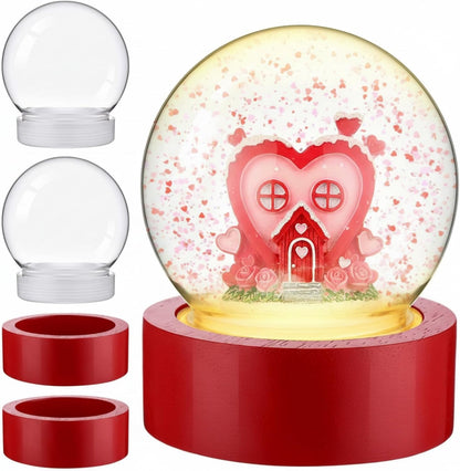 Irenare 2 Set Valentines DIY Snow Globes Set Warm Light Make Your Own Snow Globe with LED Light White Wooden Base Clear Plastic Globe Kit for Valentine Christmas Decor Gift