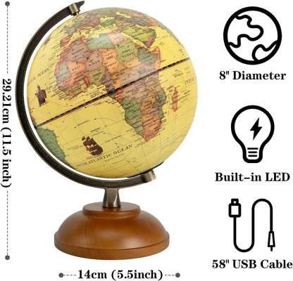 Globe for Kids Illuminated Globes of the World with Stand & Animals Illustrations Earth World Globe Night Light for Kids' Room Decor Classroom Educational Tool Birthday Gift, Dia 8-inch