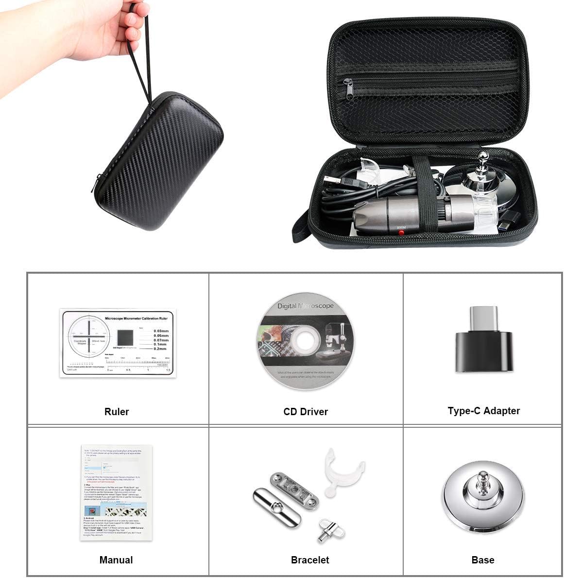 USB Microscope Camera with Stand & Carrying Case, Cainda Digital Microscope Compatible with Android Windows Linux Mac, Portable Magnifier Camera for Kids Students Adults(Not for iPhone/iPad)