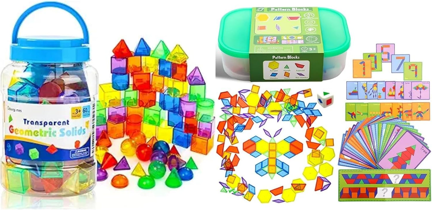 60 Pieces 3D Shapes for Teaching - 140 Pcs Translucent Pattern Blocks - Geometric Solids for Kids,Light Table Manipulatives,Translucent Toy for Light Table