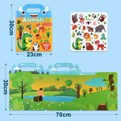 ASTARON Reusable Sticker Book for Toddlers, 88 Pcs Dinosaur Stickers Road Trip Activities Car Airplane Activities Travel Toys for Kids, Kids Quiet Time Activities (2-6 Age)