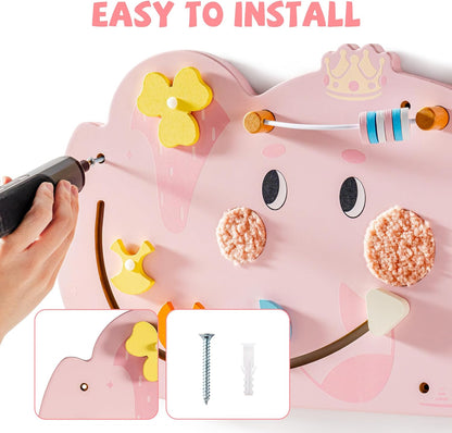ROBUD Elephant Montessori Busy Board, 12-in-1 Activity Wall Busy Board, Montessori Sensory Wall Panel for Boys & Girls, Toddler Learning Activity Center for Playroom, Nursery, Pink