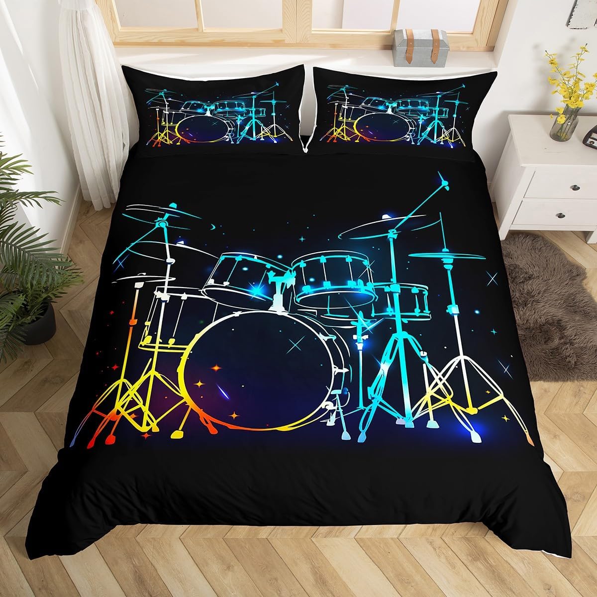 Drum Kit Duvet Cover,Kids Musical Instruments Bedding Set,Rock Music Comforter Cover for Boys Girls Room Decor,Neon Lighting Lightweight Bedspread Cover Twin Size with 1 Pillow Case(No Comforter)