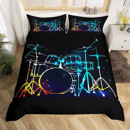 Drum Kit Duvet Cover,Kids Musical Instruments Bedding Set,Rock Music Comforter Cover for Boys Girls Room Decor,Neon Lighting Lightweight Bedspread Cover Twin Size with 1 Pillow Case(No Comforter)