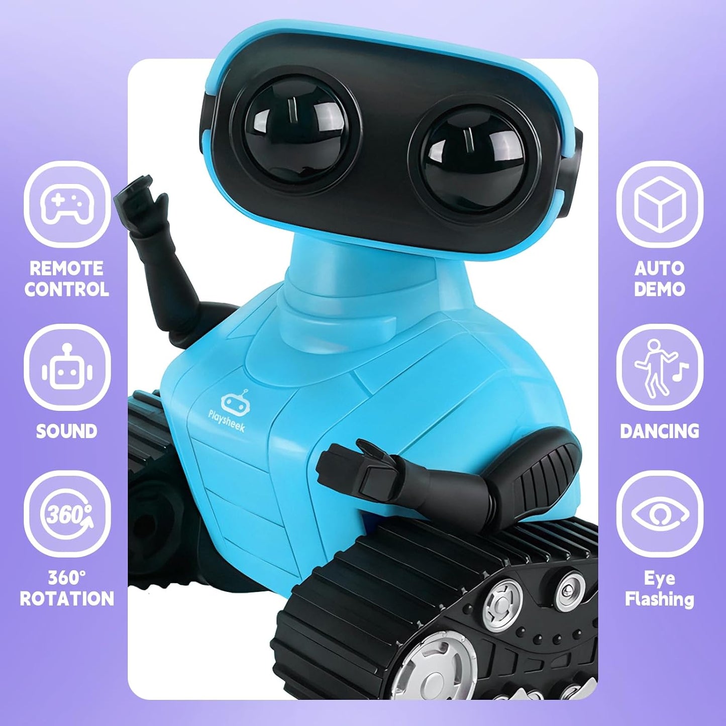Playsheek Rechargeable Emo Robot with Auto-Demonstration - Remote Control Smart Robot Toy Gift for Kids Age 3+ - Purple