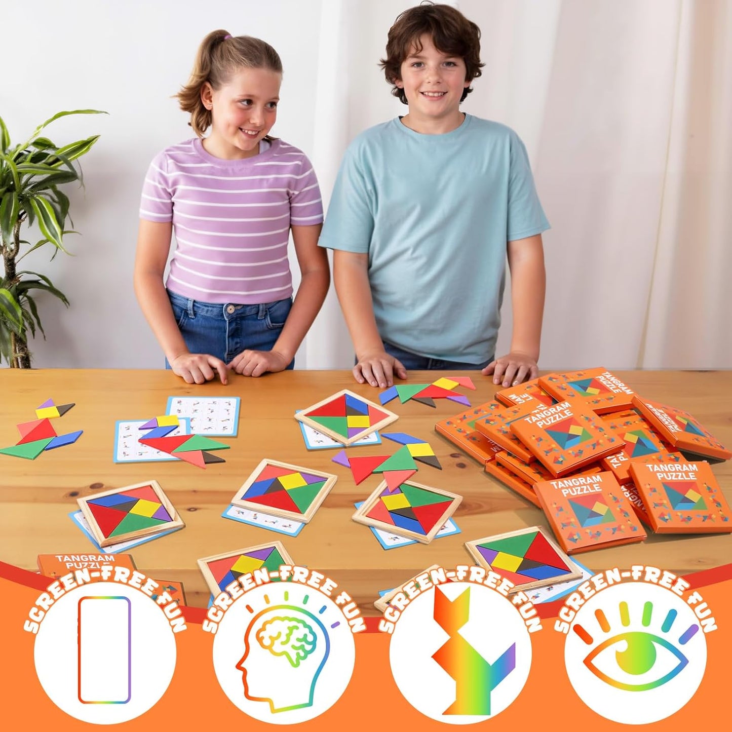 Dunzoom 50 Pack Tangram Puzzle Wooden Pack Bulk Kid Party Favors Stem Jigsaw Game Educational Shape Puzzle Toy Goodie Boxes Stuffers for Kids 4-8 Classroom Prize Reward Birthday (Vibrant Bright)