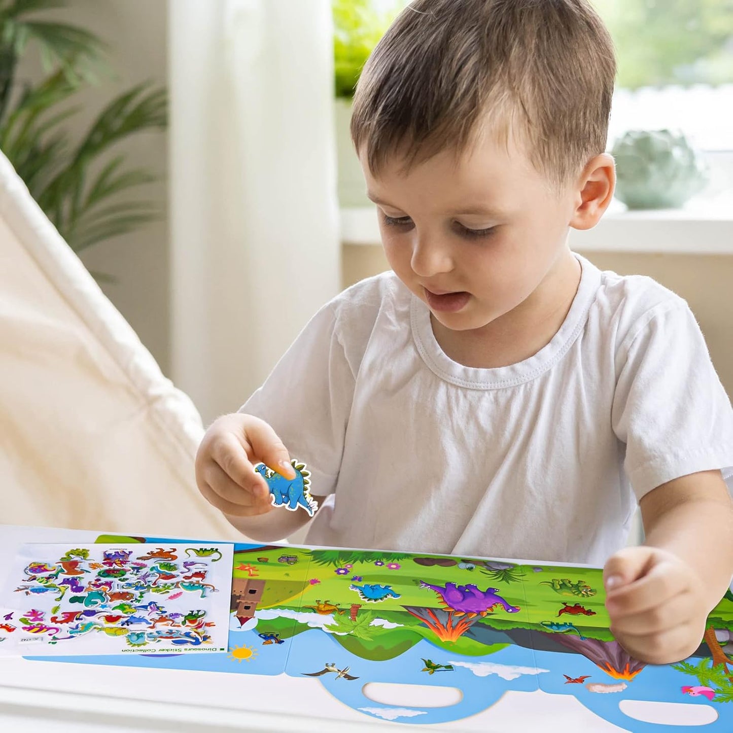 ASTARON Reusable Sticker Book for Toddlers, 88 Pcs Dinosaur Stickers Road Trip Activities Car Airplane Activities Travel Toys for Kids, Kids Quiet Time Activities (2-6 Age)