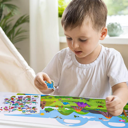 ASTARON Reusable Sticker Book for Toddlers, 88 Pcs Dinosaur Stickers Road Trip Activities Car Airplane Activities Travel Toys for Kids, Kids Quiet Time Activities (2-6 Age)