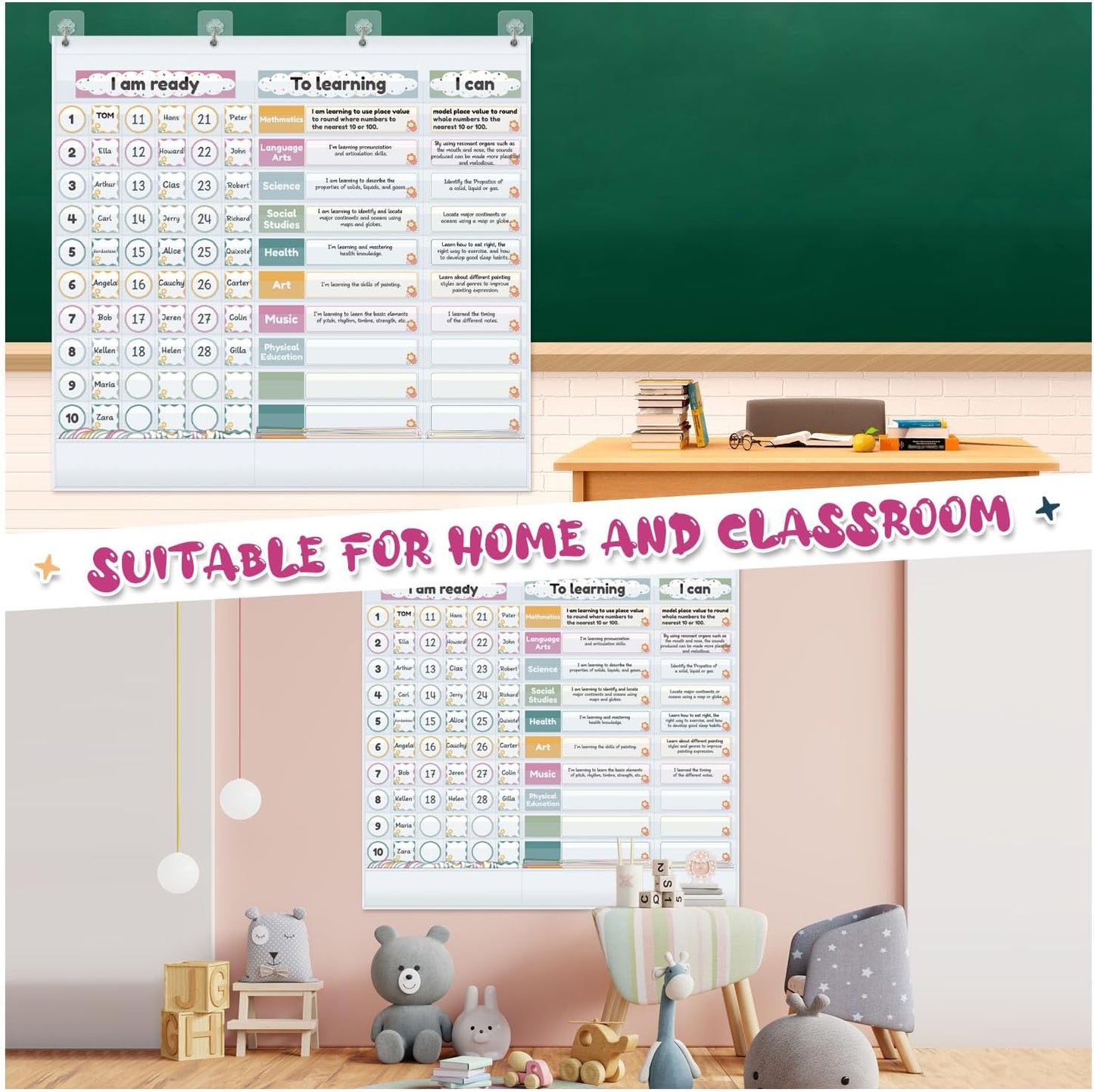 Visible Learning Classroom Pocket Chart - Reusable Dry Erase Learning Goals Board, Motivational Incentive Chart for Learning Goals, Behavior Tracking & Centers Rotation, Homeschool(Black)