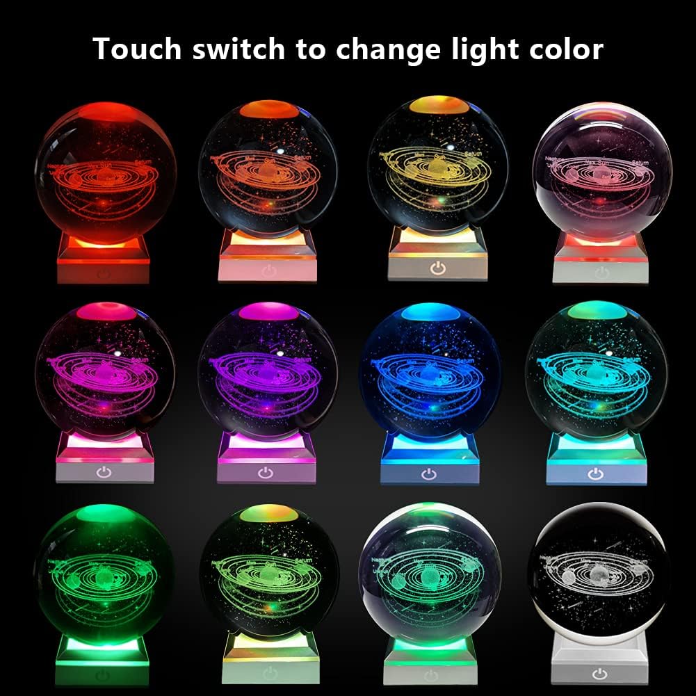 3D Solar System Crystal Ball with LED Touch Base,Solar System Night Light Lamp Gift,Indoor Figurine Lamps Light for Birthday,Christmas,Wedding,Graduation(8cm)