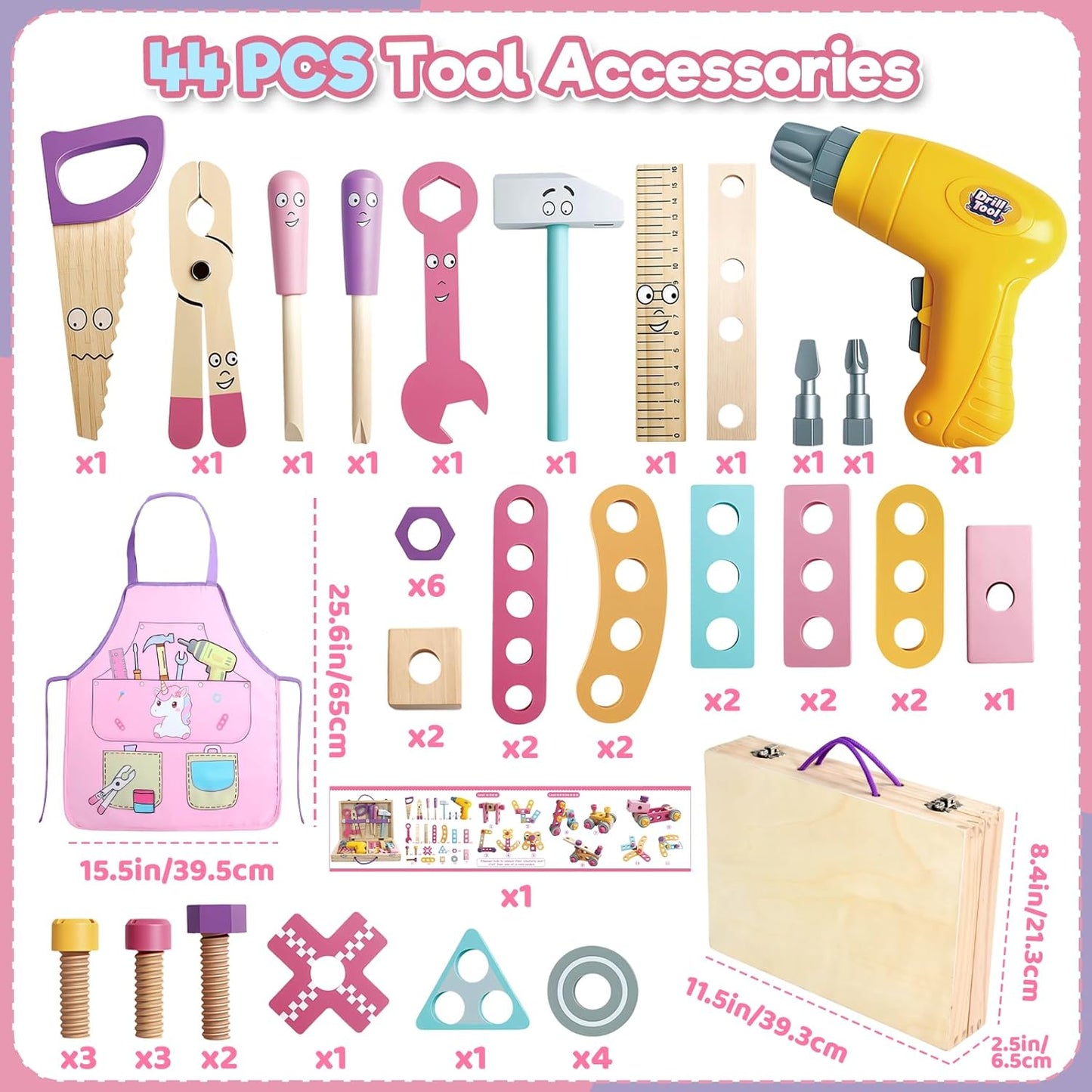 TONZE Wooden Kids Tool Set with Drill 44Pcs Montessori Toys for 3 Year Old Girl, Educational STEM Toys Toddler Tool Set with Apron & Box Birthday Gifts for 3 4 5 6 Year Old Girls（Pink ）