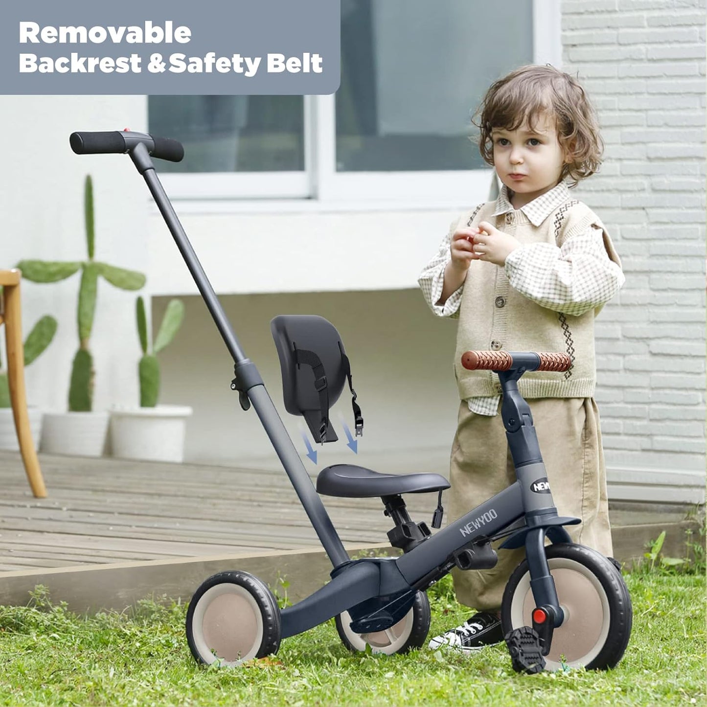 newyoo Toddler Tricycle with Push Handle for 1-3 Year Old, Toddler Bike, Birthday Gift and Toy for Boys and Girls, 5 in 1 Kids Trike, Balance Bike with Backrest and Safety Belt, Khaki, TR007