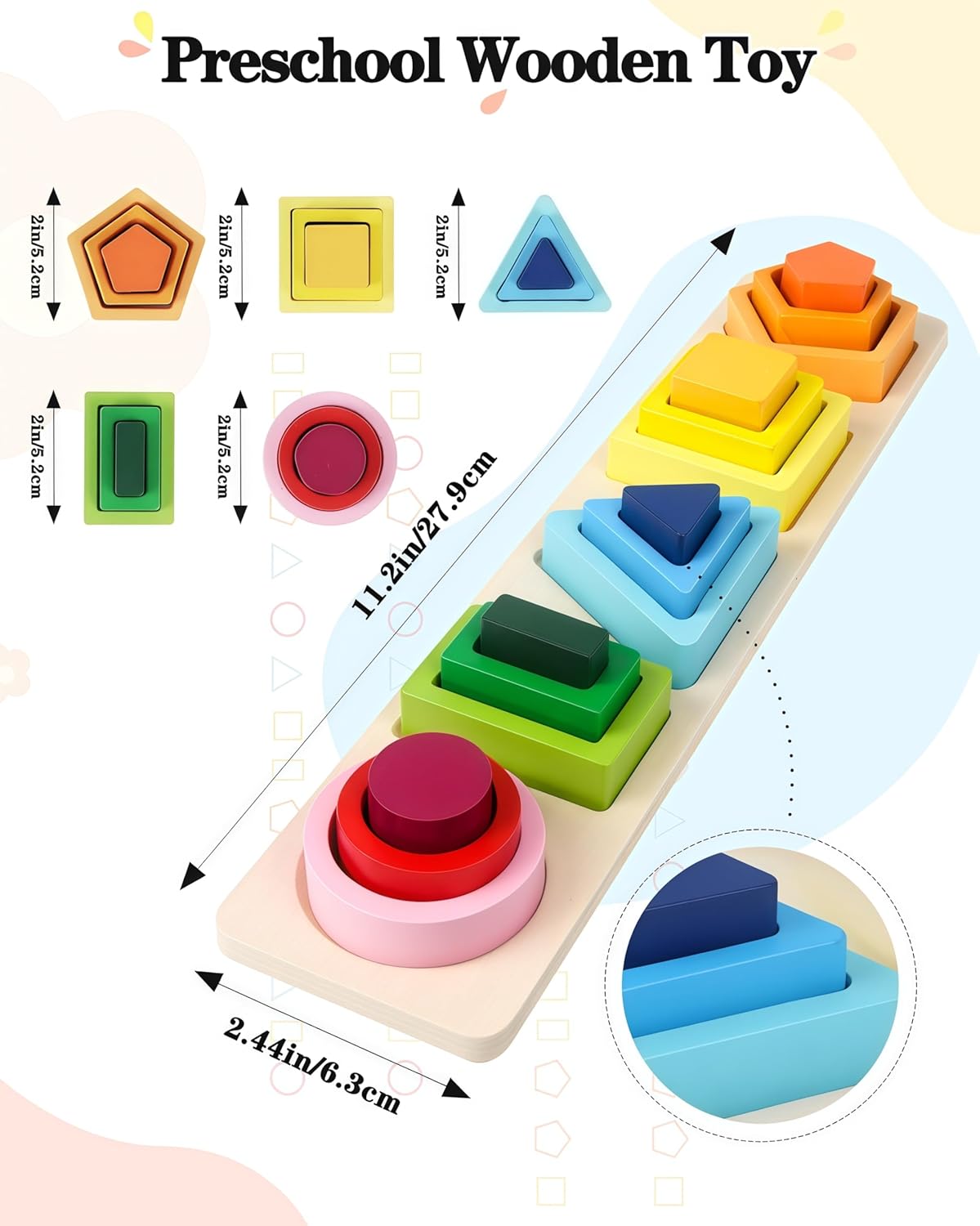 Montessori Toys for 1 2 3 Year Old Boys Girls – Shape Sorter Learning Toy, Wooden Stacking and Sorting Toys for Toddlers, Educational and Safe
