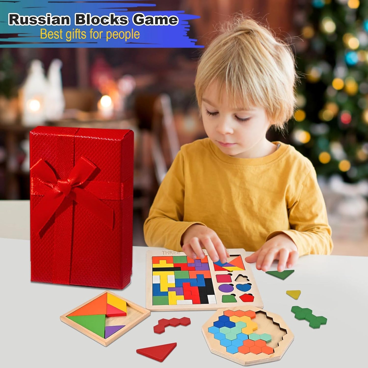 3 PCS Wooden Blocks Puzzles, 3-in-1 Russian Blocks Puzzle, Octagon Puzzle, Tangrams Puzzles, Brain Teaser Puzzles Game, Montessori STEM Educational Toys Gifts for Kids and Adults