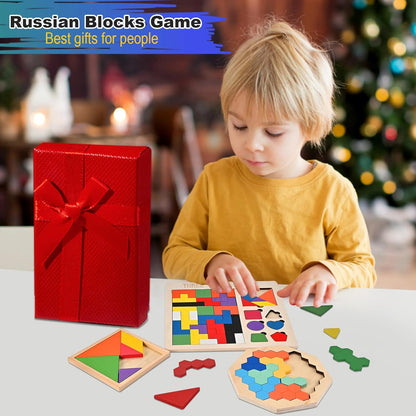 3 PCS Wooden Blocks Puzzles, 3-in-1 Russian Blocks Puzzle, Octagon Puzzle, Tangrams Puzzles, Brain Teaser Puzzles Game, Montessori STEM Educational Toys Gifts for Kids and Adults