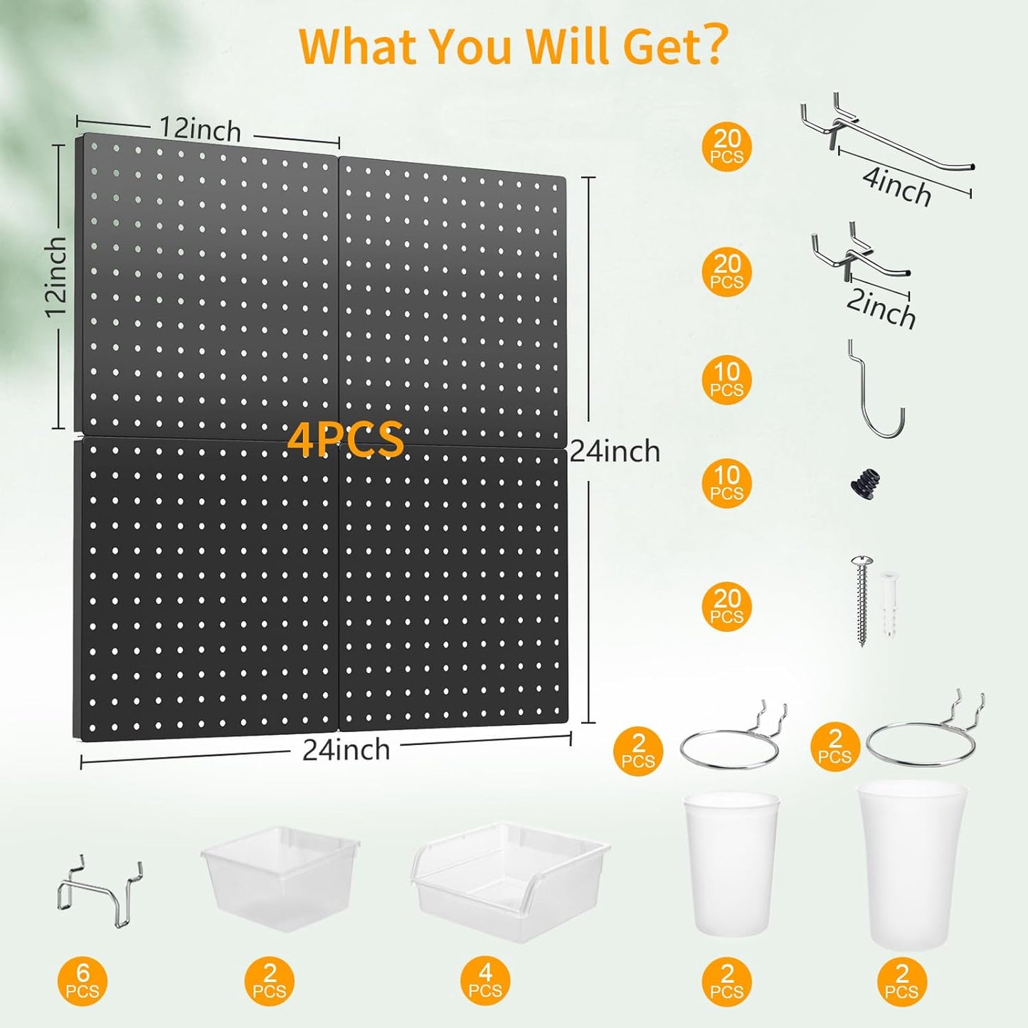 Peg Board, 4PCS Metal Pegboard Wall Organizer. Heavy Duty Pegboard, Peg Boards, Pegboard for Walls, White Pegboard for Garage Craft Room Workbench Office Kitchen Tool Organization, 12"*12"