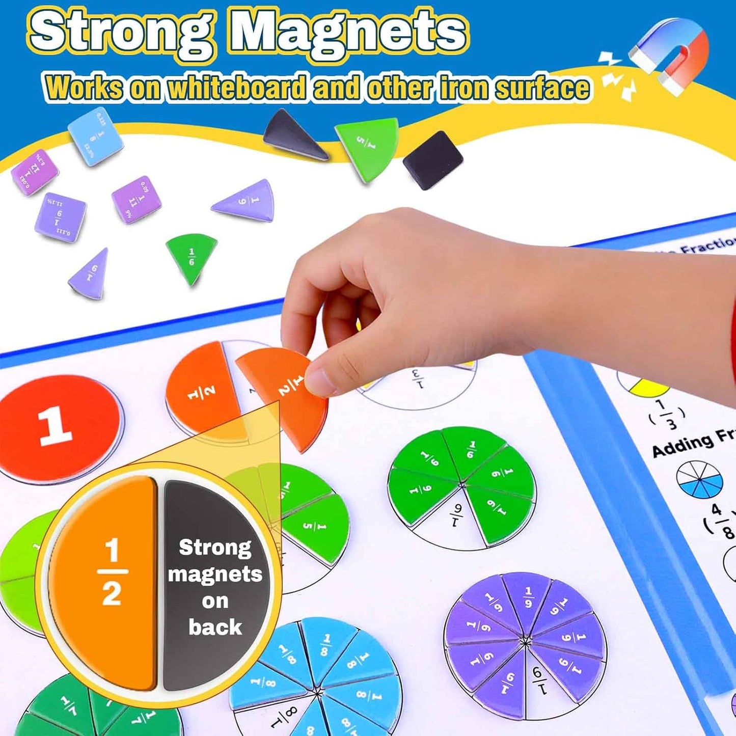 Magnetic Fraction Educational Puzzle Set, Fraction Tiles & Circles Demonstration Book, Montessori Math Manipulatives for Elementary Classroom, Hands-On Learning Tool for Fractions