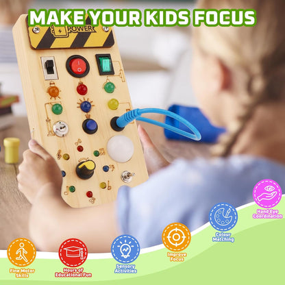 wakeInsa Busy Board with led Light， Sorting Sensory Travel Toys for Toddlers 1-3， Wooden Toddler Busy Board Montessori Toys for 1+ Year Old