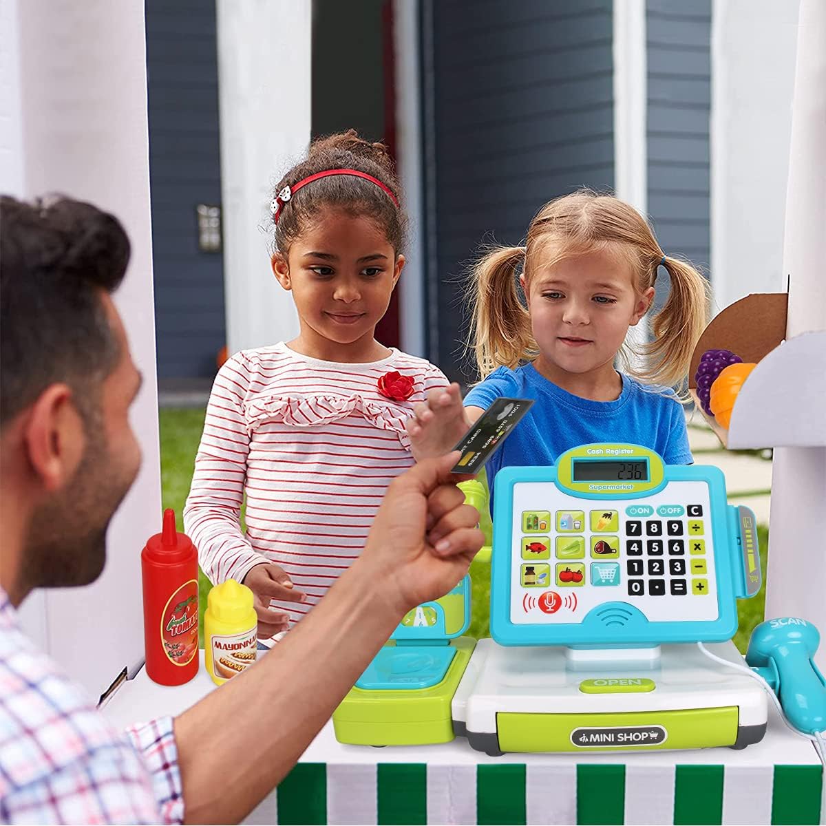 FS Pretend Play Cash Register Toy with True Barcode Scanner & Calculator, Microphone, Play Food, Supermarket Cashier, Great Pre-School Gift Cash Register for Kids Boys & Girls, Ages 3 4 5 6 8