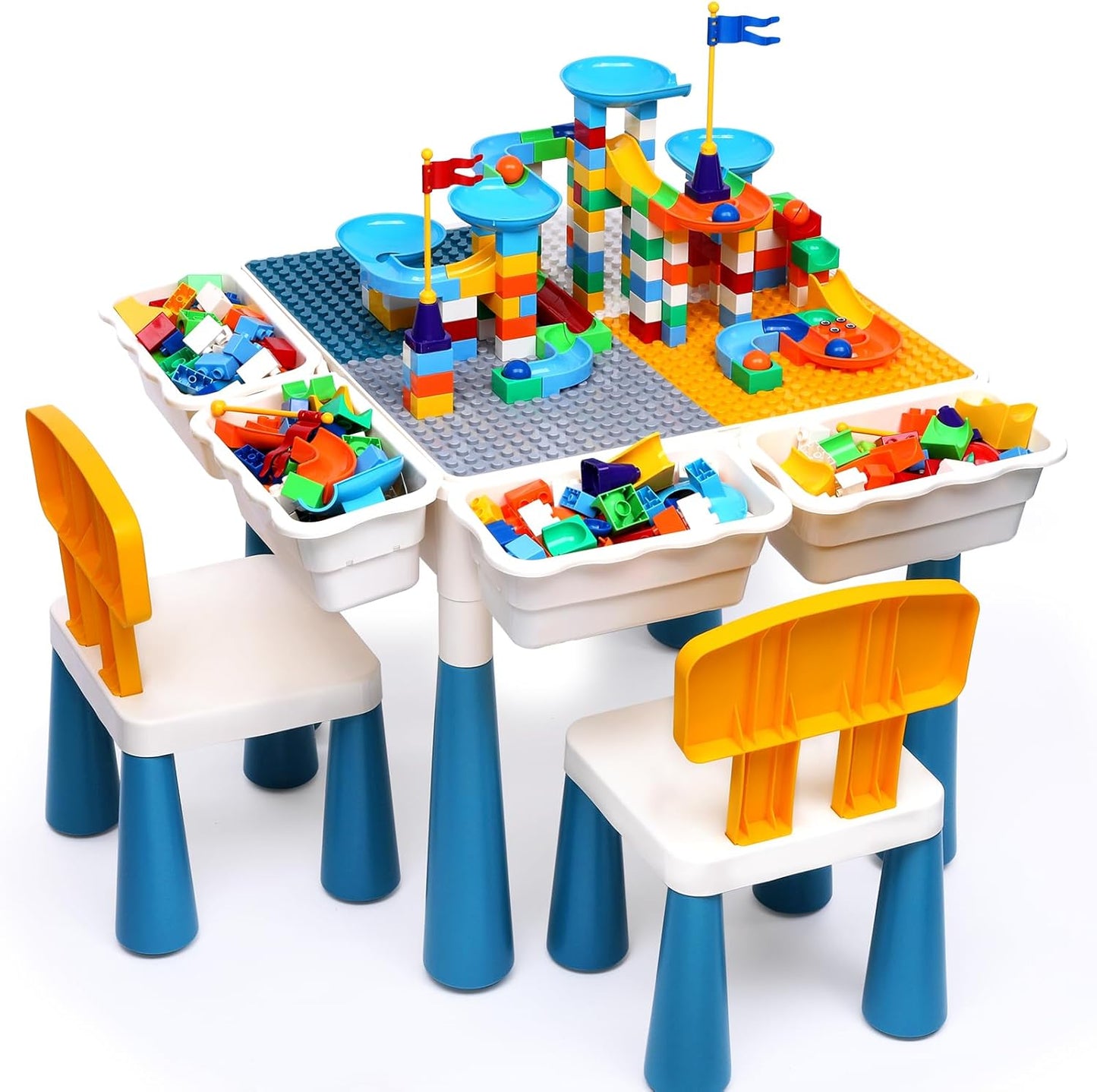 arscniek Toddlers Activity Table 7 in 1 Kids Activity Tables and 4 Chairs with 152Pcs Large Marble Run Building Blocks, Sand/Water Tables, Kids Learning Play Table Toys for Girls Boys Toddler Age 3-7
