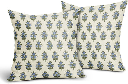 Sage Green Blue Floral Block Print Pillow Covers 18x18 Set of 2 Spring Flower Pattern Decorative Throw Pillowcases Outdoor Rustic Farmhouse Square Cushion Cases Decor for Home Couch Sofa Bed