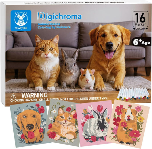Digichroma Disappearing Lines Paint by Numbers Kit for Kids Ages 6-12, Color by Numbers Kit with16 Dual-Tip Washable Markers, 4 Animal Coloring Pages & Blank Papers, Heat-erase Lines Frame-Worthy Art