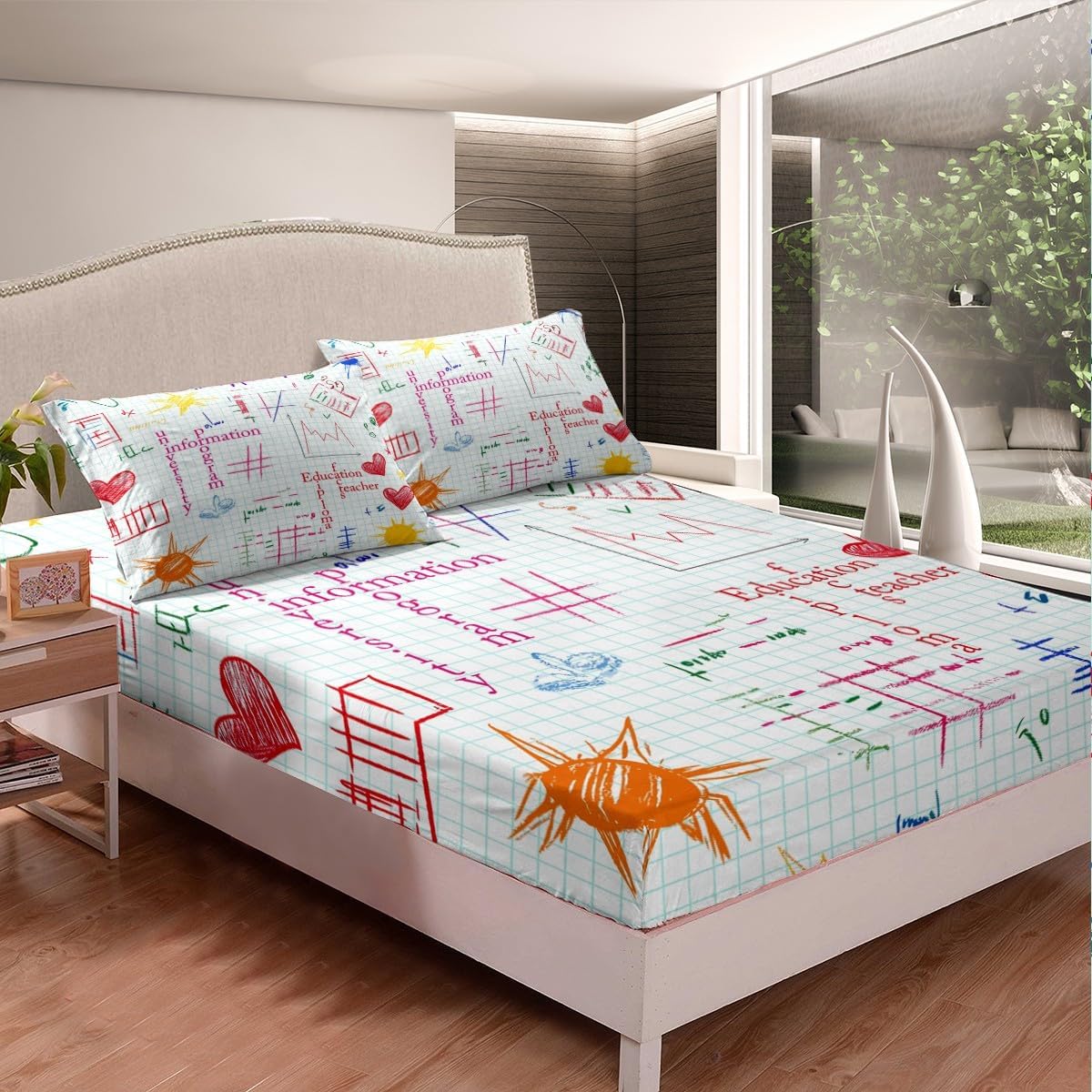 Erosebridal Science Theme Bed Sheets Set Full Size for Boys Girls Chemistry Periodic Table Print Sheet Set Chemical Subject Theme Sheets Teens Kids Math Science Atyle Fitted Sheet 4 Pcs