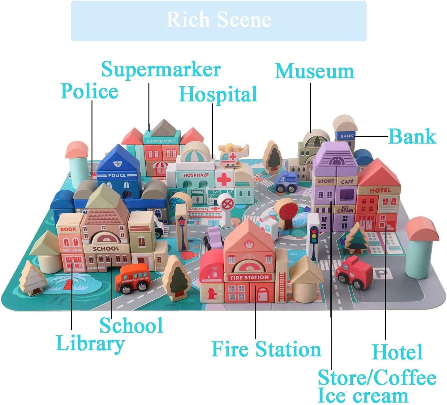 115 Pcs Wooden Building Blocks Toy Set for Kids, City Construction Stacker Stacking Preschool Learning Educational Toys Gifts for 3+ Boy Girl Toddler