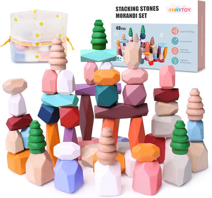 YHHYTOY 40 PCS Wooden Stacking Rocks Building Blocks Forest Theme, Sensory Learning Montessori Toys for 3 4 5 Year Old Kids, Preschool Educational STEM Toys Toddler Games Birthday Gifts for Girls Boys