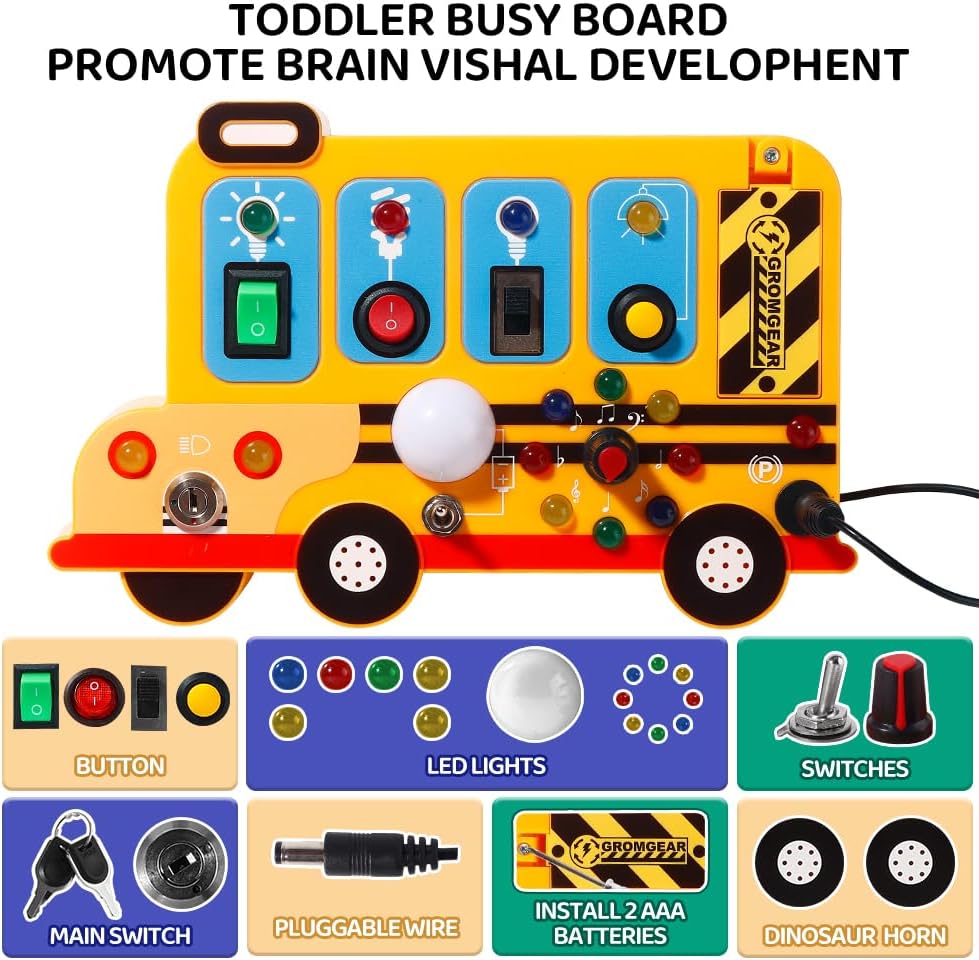 Montessori Board Sensory Toys for Children with LED Light switches, School Bus Shape，Baby fidgeting Board Travel Toys for More Than 18 Months, 18M+Boys and Girls Toddler Toys Gifts,Switch Toy
