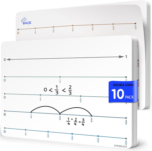 SCRIBBLEDO Fraction 9”x12” Dry Erase Number Line for Students Small White Board Dry Erase Sheets Math Manipulatives Numberline Homeschool Supplies Teacher Classroom Pack of 10 Sheets