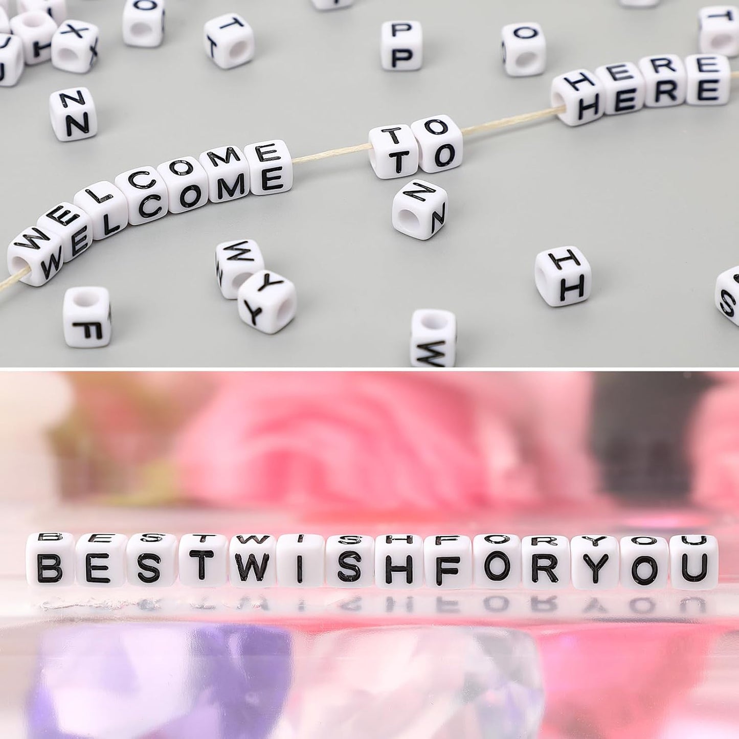 Letter Beads, Augshy 1400 Pcs Morandi Cube Alphabet Bead,Square Letter Beads with 1 Roll 10M Crystal String Cord (6mm)