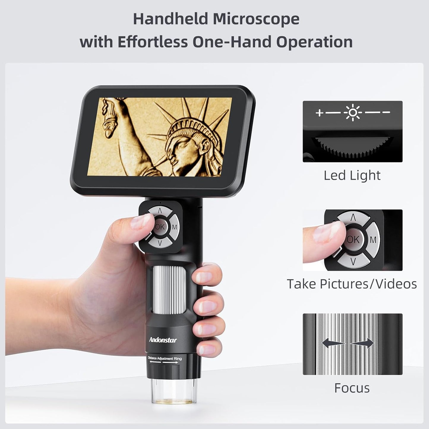 Andonstar Digital Microscope, 5" 1080P Coin Microscope Camera for Error Coin with 7.3" Metal Stand for Adults Kids, Handheld USB Coin Magnifier with 8 Adjustable LED Lights, Windows Mac PC