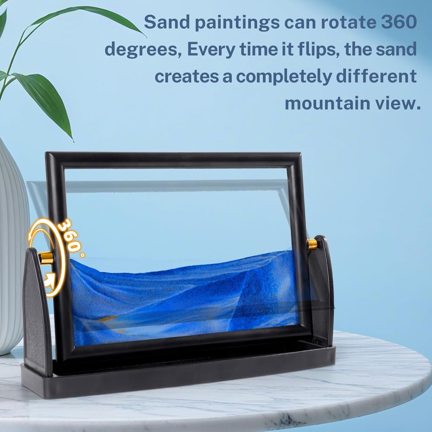 BOLGRLONG Moving Sand Art Liquid Motion 3D Dynamic Mountains Sandscape Painting, Square Glass Sands Painting with Easy-Flip Stand, Sensory Relaxing Decor for Home and Office (9") (Black)