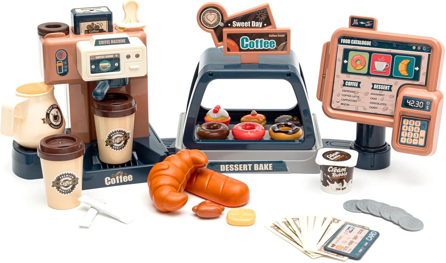 Pretend Play Coffee Shop Playset 41 PCS with Coffee Maker Machine, Sound Cash Register and Dessert Bakery Realistic Role Play Toy with Play Money, Donuts Cakes for Kids Birthday Party Fun