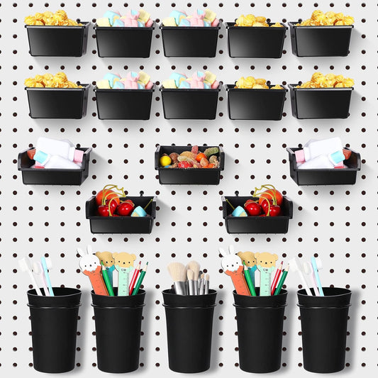 Yookeer 20 Pcs Pegboard Bins and Cups with Hooks and Loops Peg Assortment Organizer Accessories Various Tool Organizer Pegboard Baskets Set for Garage Workshop Workbench Office(White)
