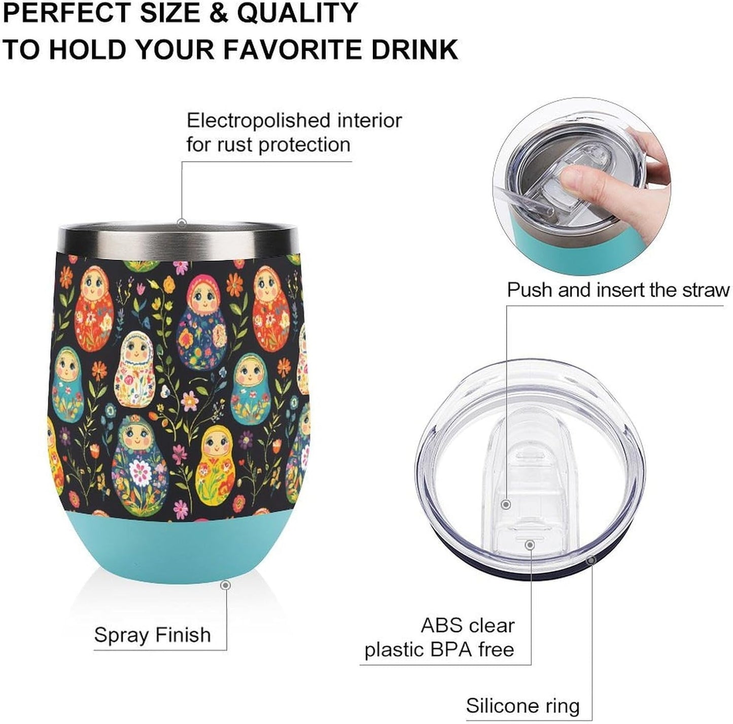 Russian Nesting Dolls Flowers Insulated Cups & Mugs 12 Oz Double-Wall Coffee Cup with Lids Drinks Tumbler for Women Men